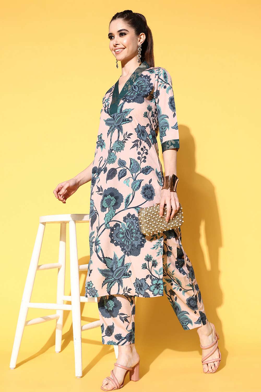 Buy Nude Poly Crepe Printed Kurta Trousers Set Online