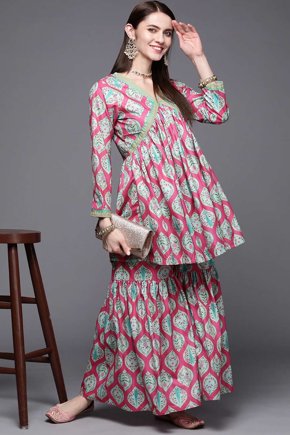 Buy Pink Velvet Printed Kurta Palazzo Set Online