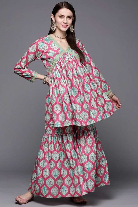 Buy Pink Velvet Printed Kurta Palazzo Set Online