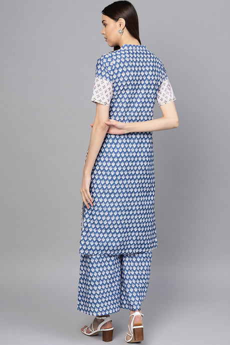 Shop Woman's Cotton Printed Kurta Set in White and Blue At KarmaPlace