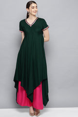 Ahalyaa Rayon Fabric Solid Kurta with Palazzo in Dark Green