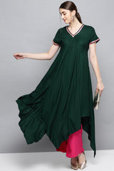 Rayon Fabric Solid Kurta With Palazzo In Dark Green