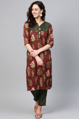 Buy Poly Art Silk Printed Kurta Set in Brown Online