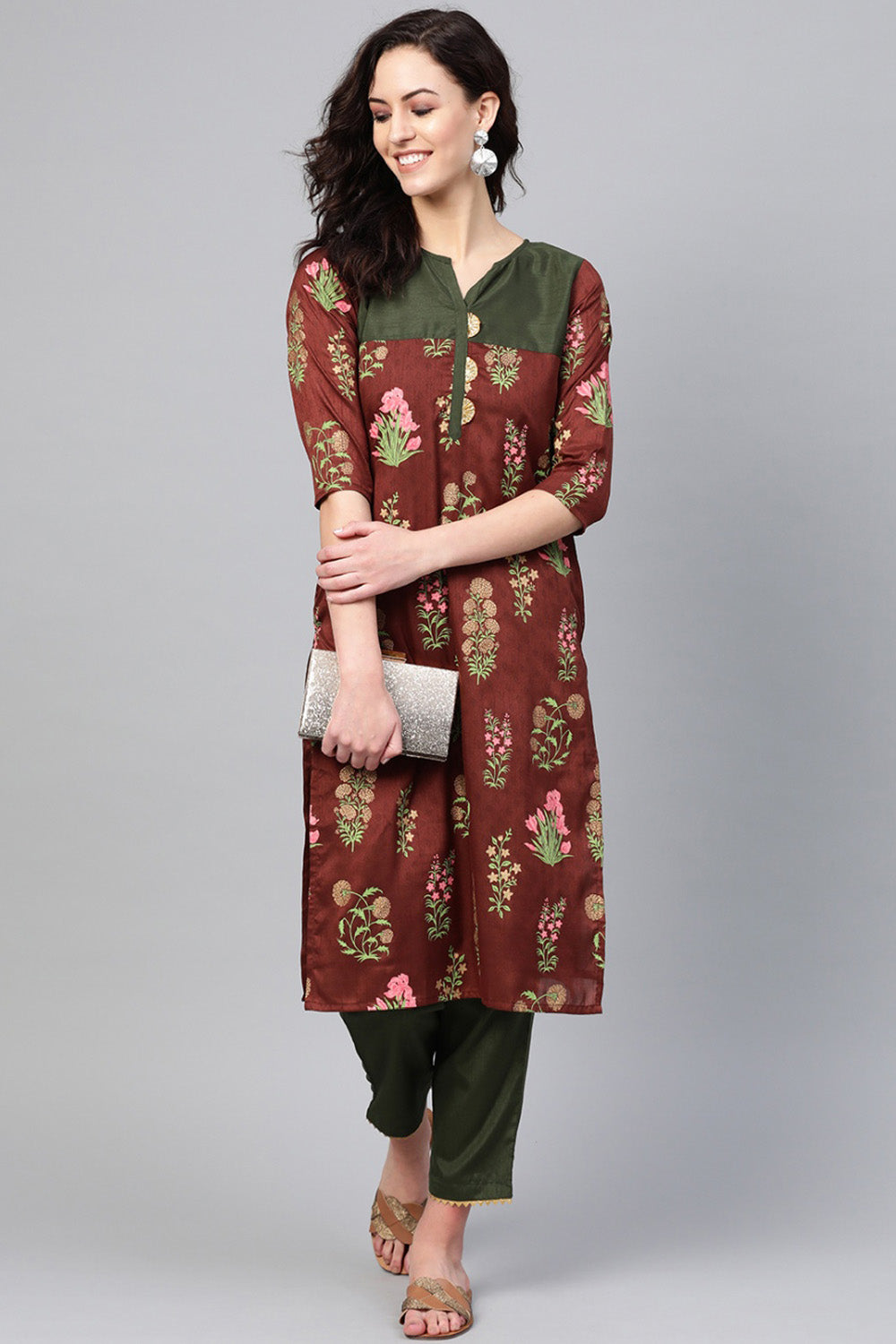 Shop Woman's Poly Art Silk Printed Kurta Set in Brown Online