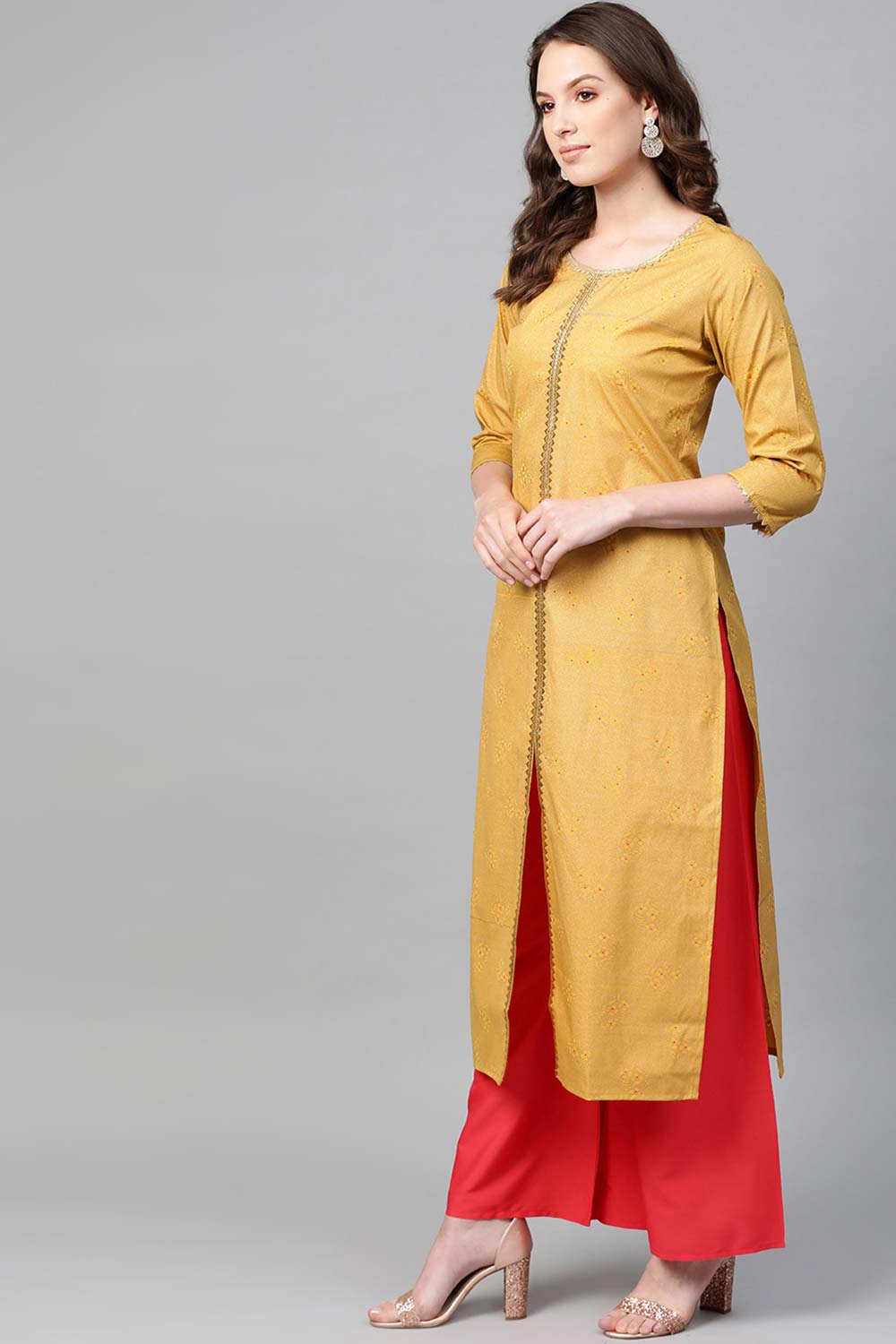 Buy Crepe Gold Printed Kurta Set in Mustard - Back