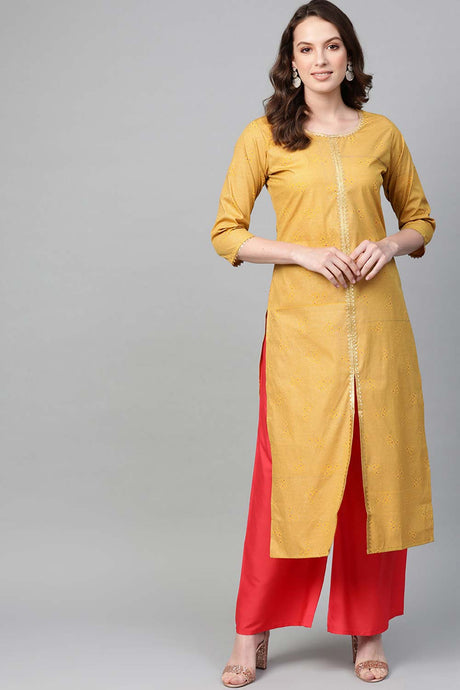 Buy Crepe Gold Printed Kurta Set in Mustard