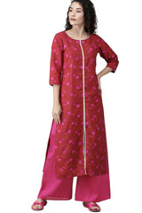 Red Poly Silk Printed Straight Kurti Palazzo Set