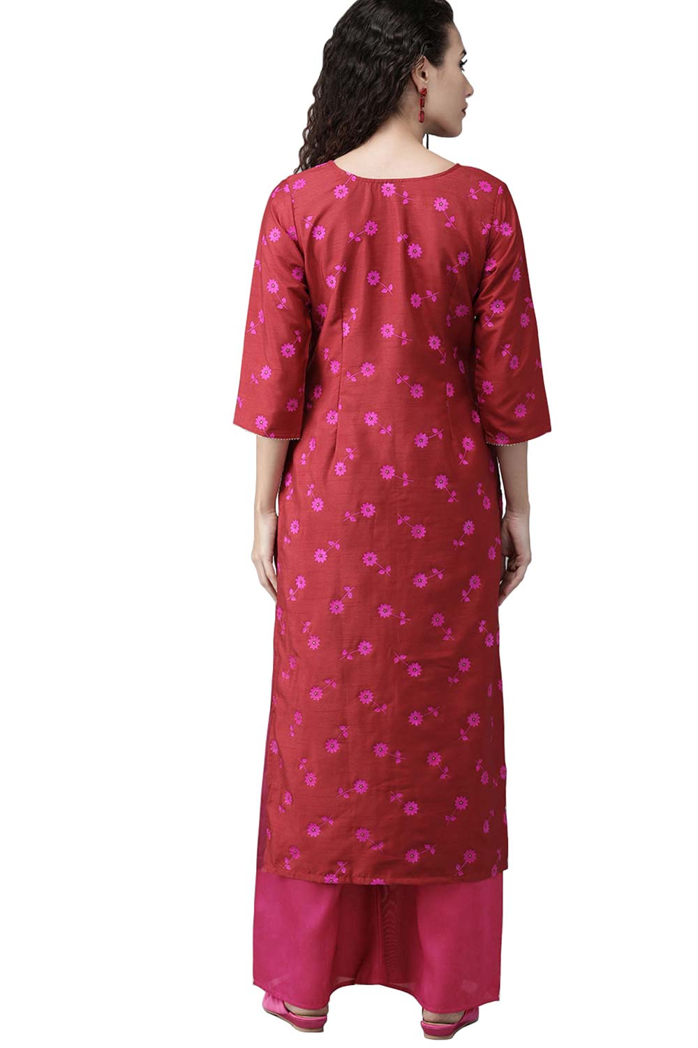 Red Poly Silk Printed Straight Kurti Palazzo Set