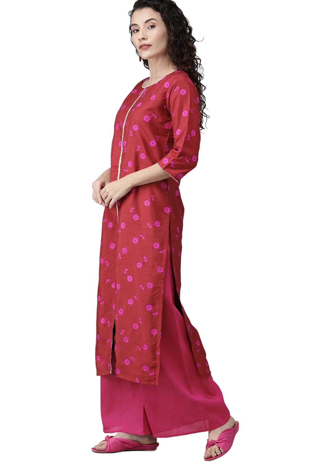 Red Poly Silk Printed Straight Kurta Palazzo Set