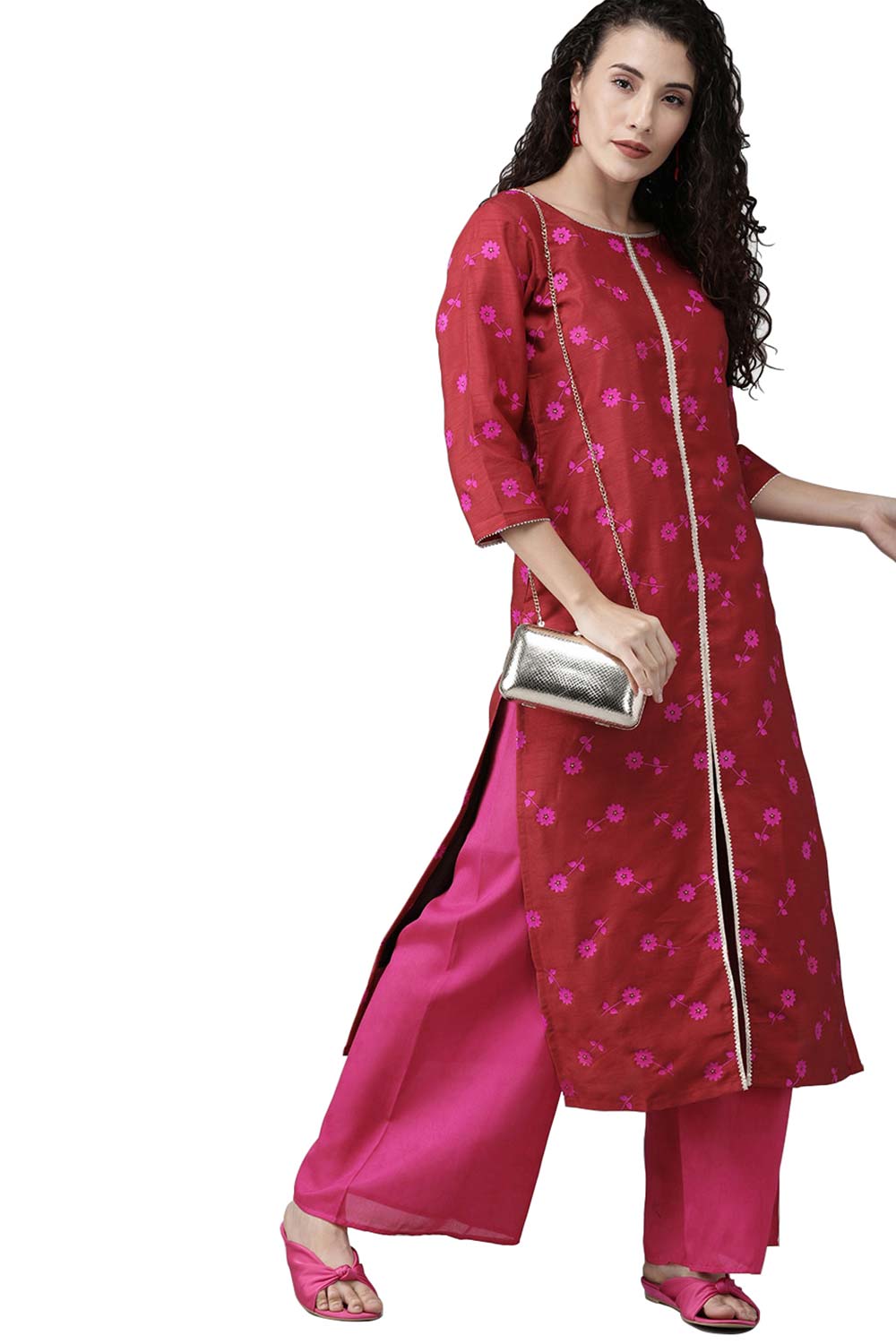 Red Poly Silk Printed Straight Kurta Palazzo Set