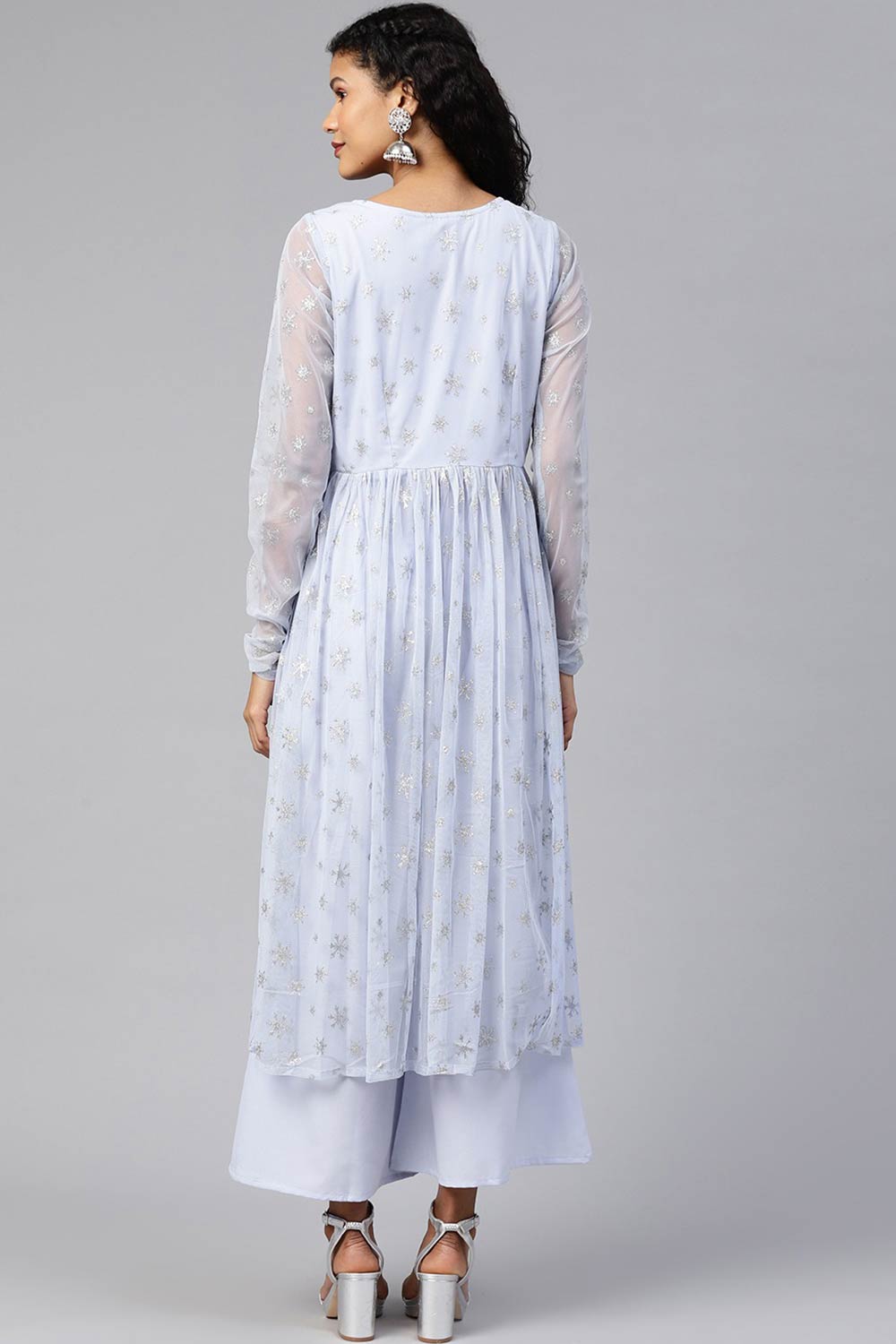 Women Blue Net Silver Glitter Printed Kurta Palazzo Set