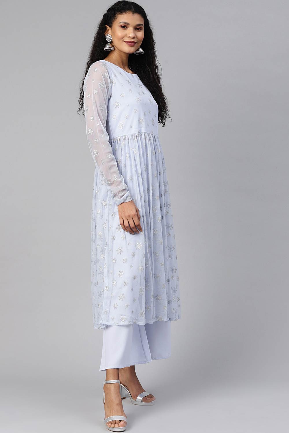 Women Blue Net Silver Glitter Printed Kurta Palazzo Set