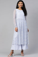 Women Blue Net Silver Glitter Printed Kurta Palazzo Set