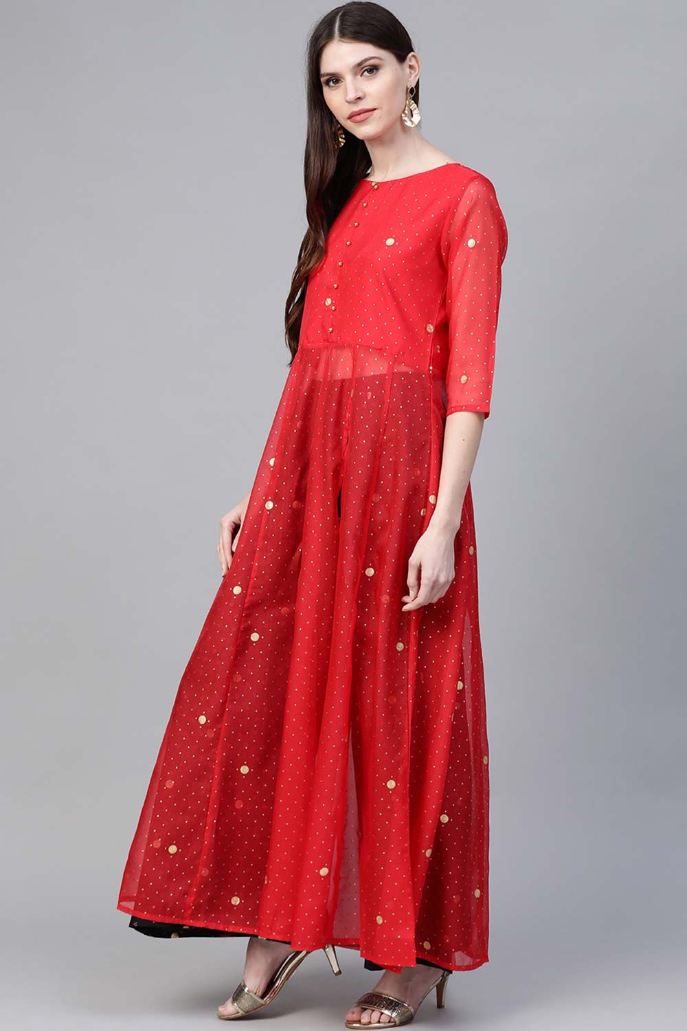 Red Organza Gold Print Kurti Palazzo Set