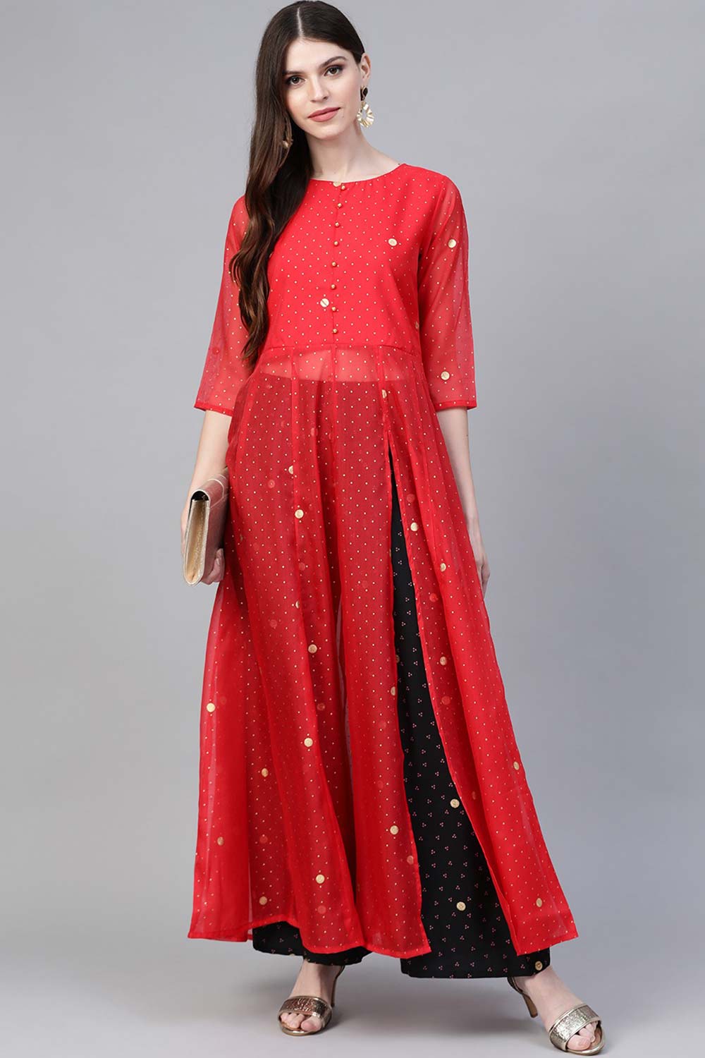 Red Organza Gold Print Kurta Palazzo Set