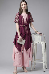 Rose Pink Crepe Kurta Palazzos Set With Burgundy Jacket