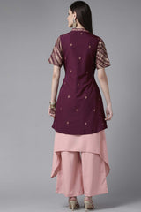 Rose Pink Crepe Kurti Palazzos Set With Burgundy Jacket