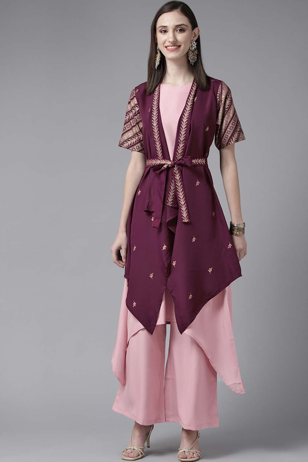 Rose Pink Crepe Kurti Palazzos Set With Burgundy Jacket