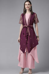 Rose Pink Crepe Kurta Palazzos Set With Burgundy Jacket