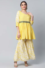 Yellow Crepe Floral Short Kurta With Sharara Set