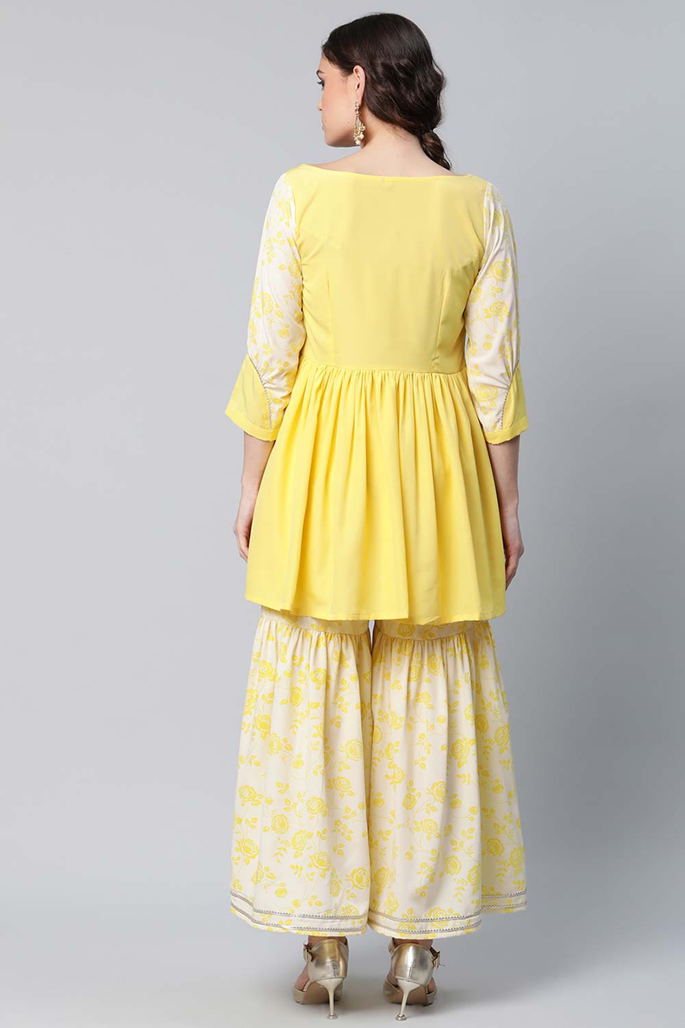 Yellow Crepe Floral Short Kurta With Sharara Set