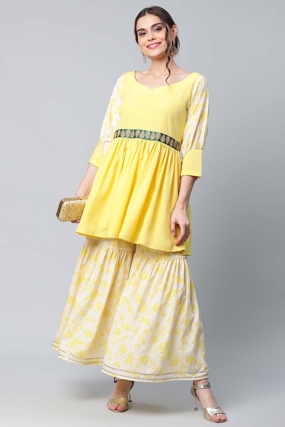 Yellow Crepe Floral Short Kurta With Sharara Set