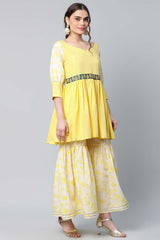 Yellow Crepe Floral Short Kurta With Sharara Set