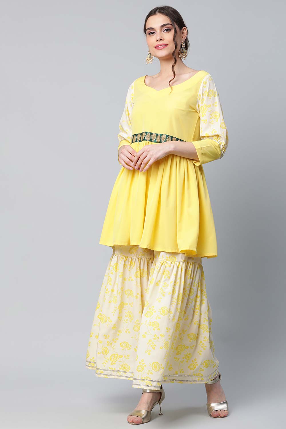 Yellow Crepe Floral Short Kurta With Sharara Set