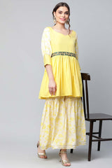 Yellow Crepe Floral Short Kurta With Sharara Set