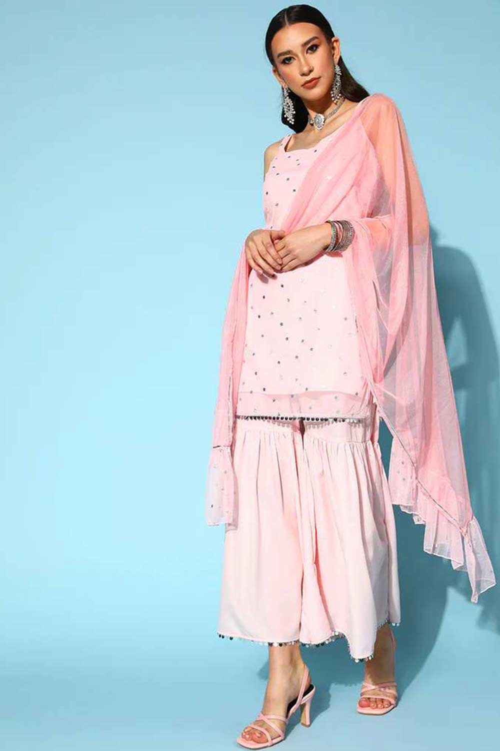 Pink Color Crepe Silver Foil Printed Kurta Sharara Set