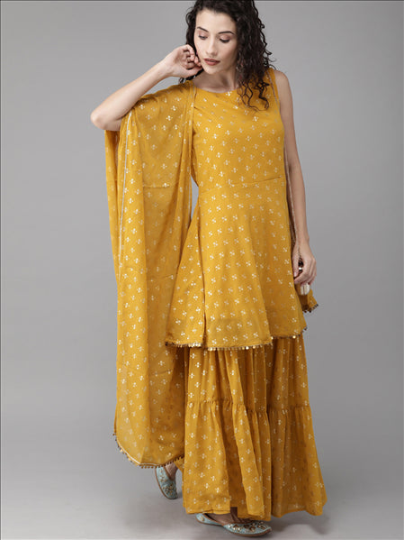 Mustard Georgette Gold Foil Print Peplum Kurta Sharara Set With Dupatta