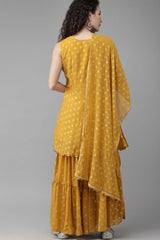 Mustard Georgette Gold Foil Print Peplum Kurta Sharara Set With Dupatta