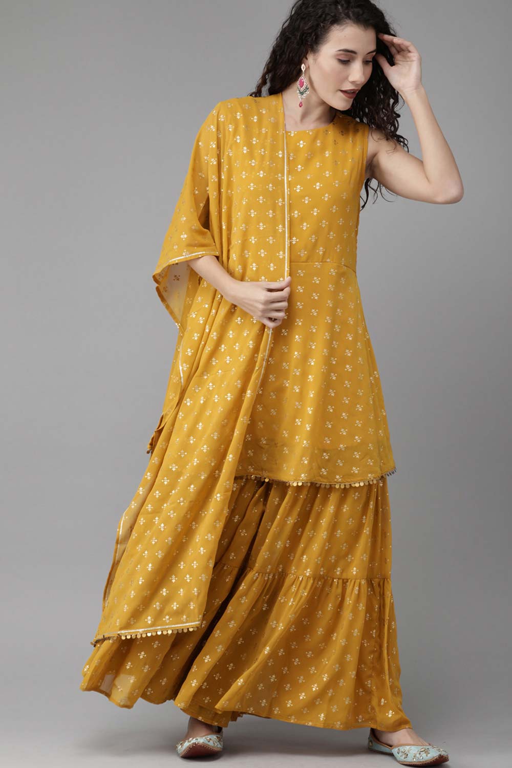 Mustard Georgette Gold Foil Print Peplum Kurta Sharara Set With Dupatta