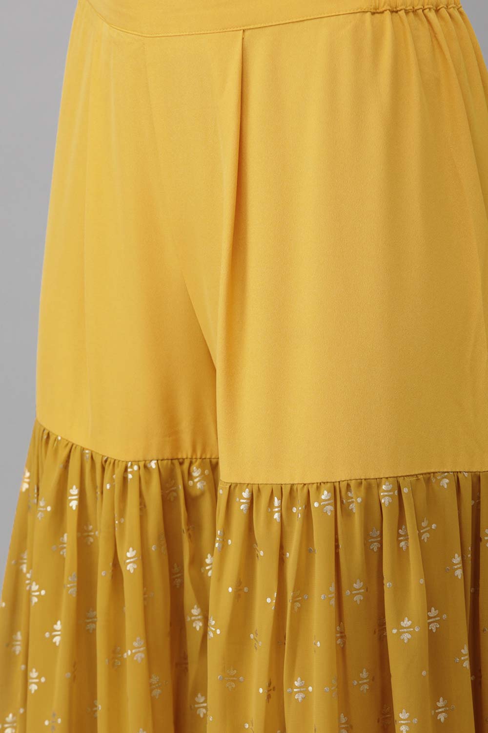 Mustard Georgette Gold Foil Print Peplum Kurta Sharara Set With Dupatta