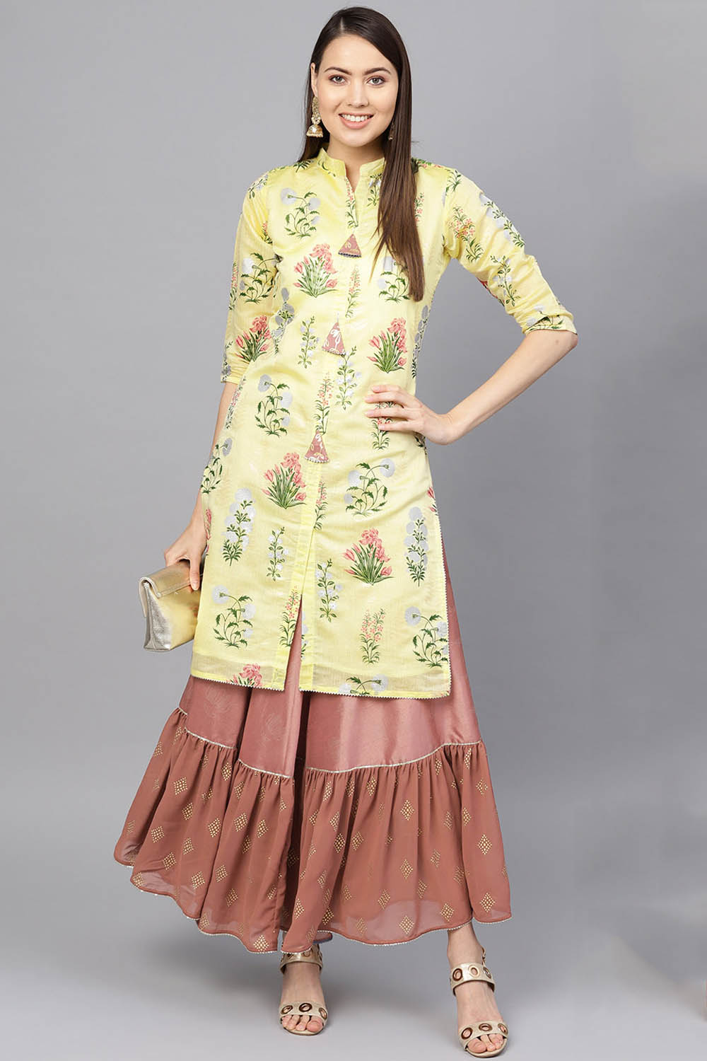 Poly Chanderi-Like Printed Kurta Set In Yellow