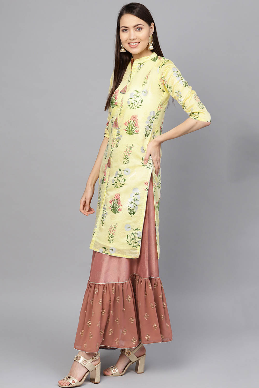 Poly Chanderi-Like Printed Kurta Set In Yellow