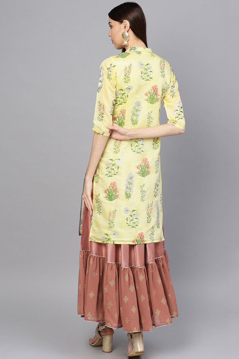 Poly Chanderi-Like Printed Kurta Set In Yellow