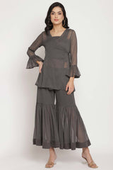 Charcoal Grey Polly Chiffon Angrakha Kurti With Inner & Sharara