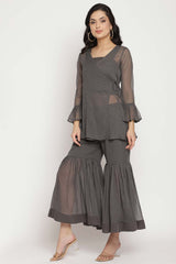 Charcoal Grey Polly Chiffon Angrakha Kurta With Inner & Sharara