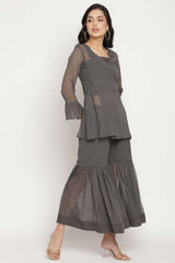 Charcoal Grey Polly Chiffon Angrakha Kurti With Inner & Sharara