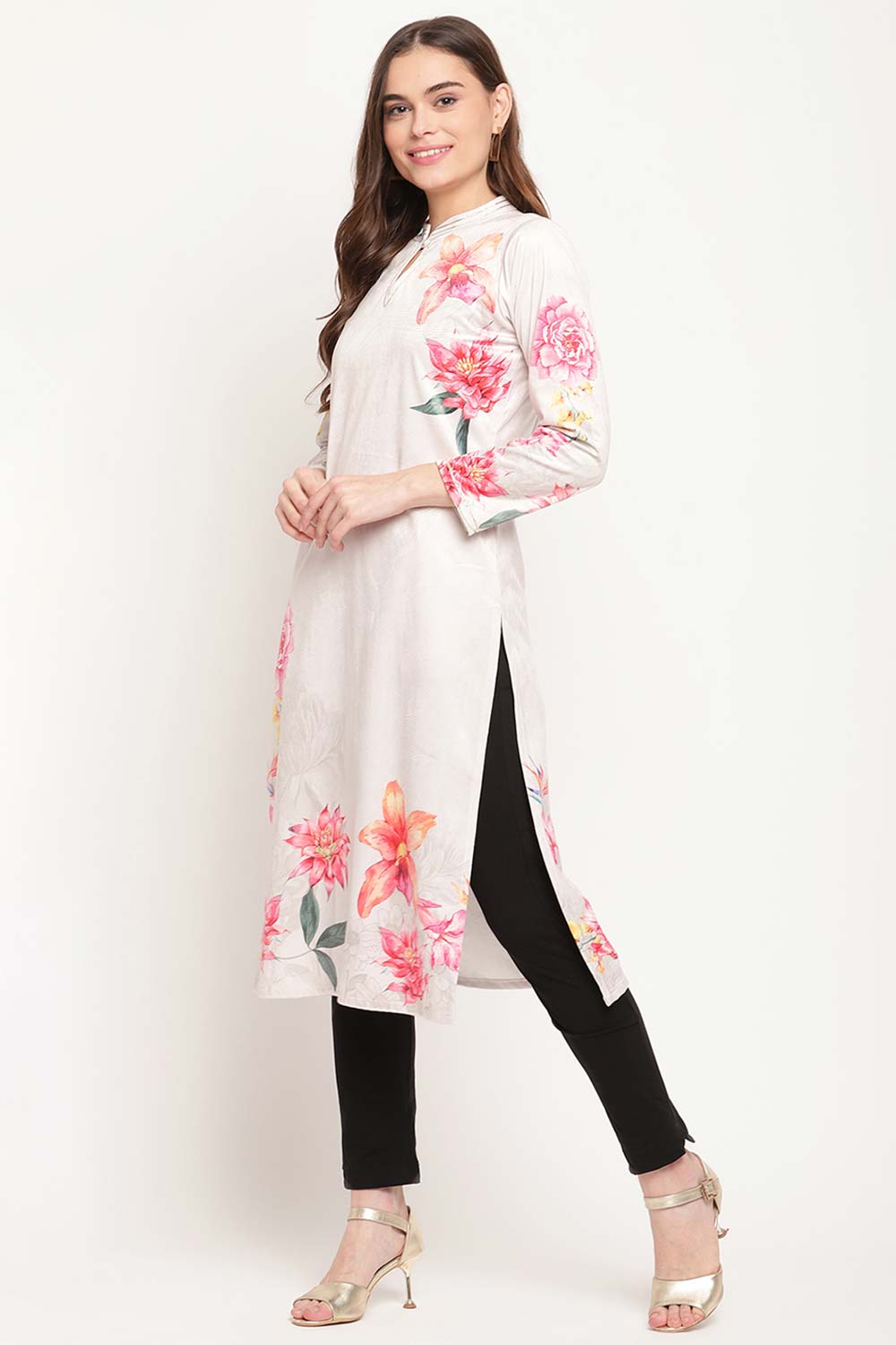 Beige Velvet Digital Print Kurta