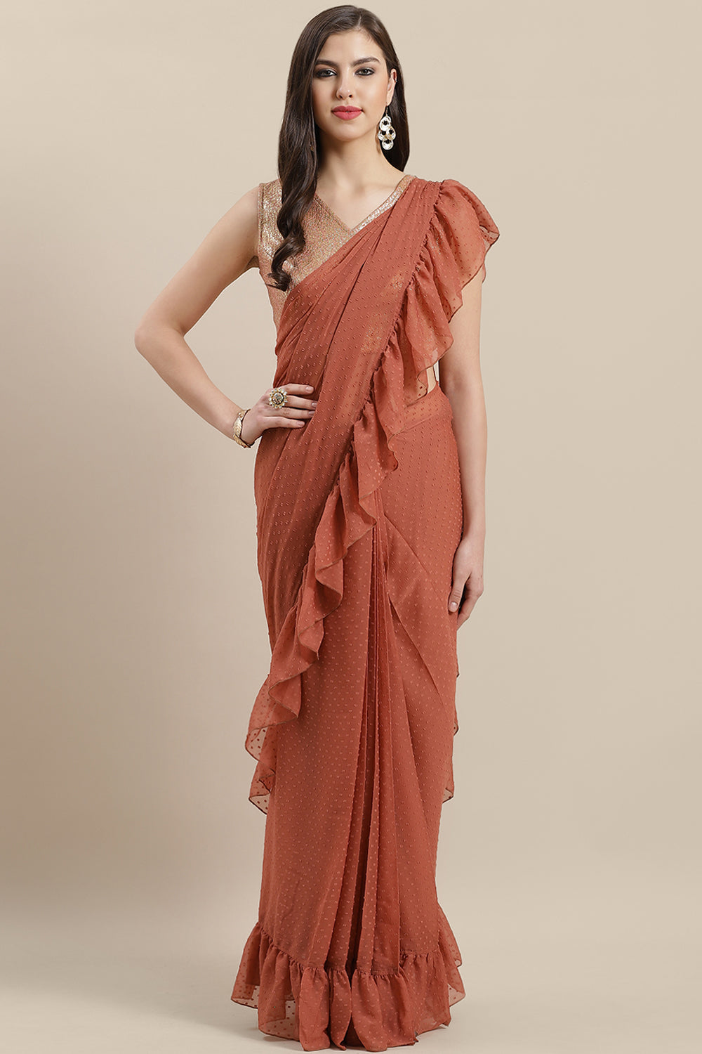 Buy Chiffon Printed Ready Made Saree in Rusty Rose Online