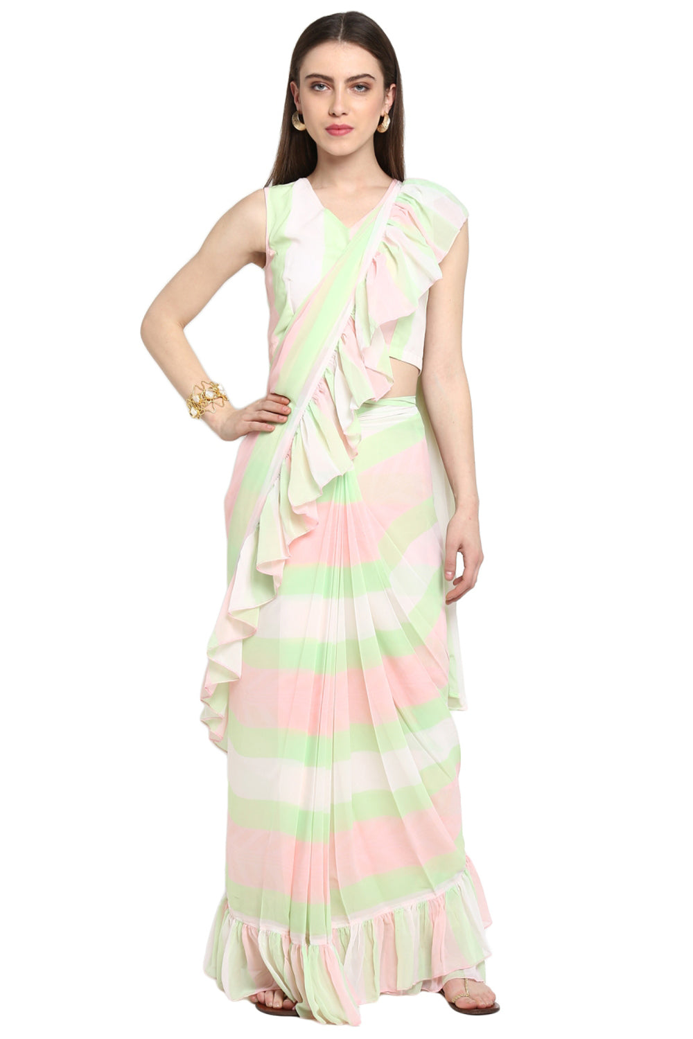 Faux Georgette Digital Print Saree In Pink And Green