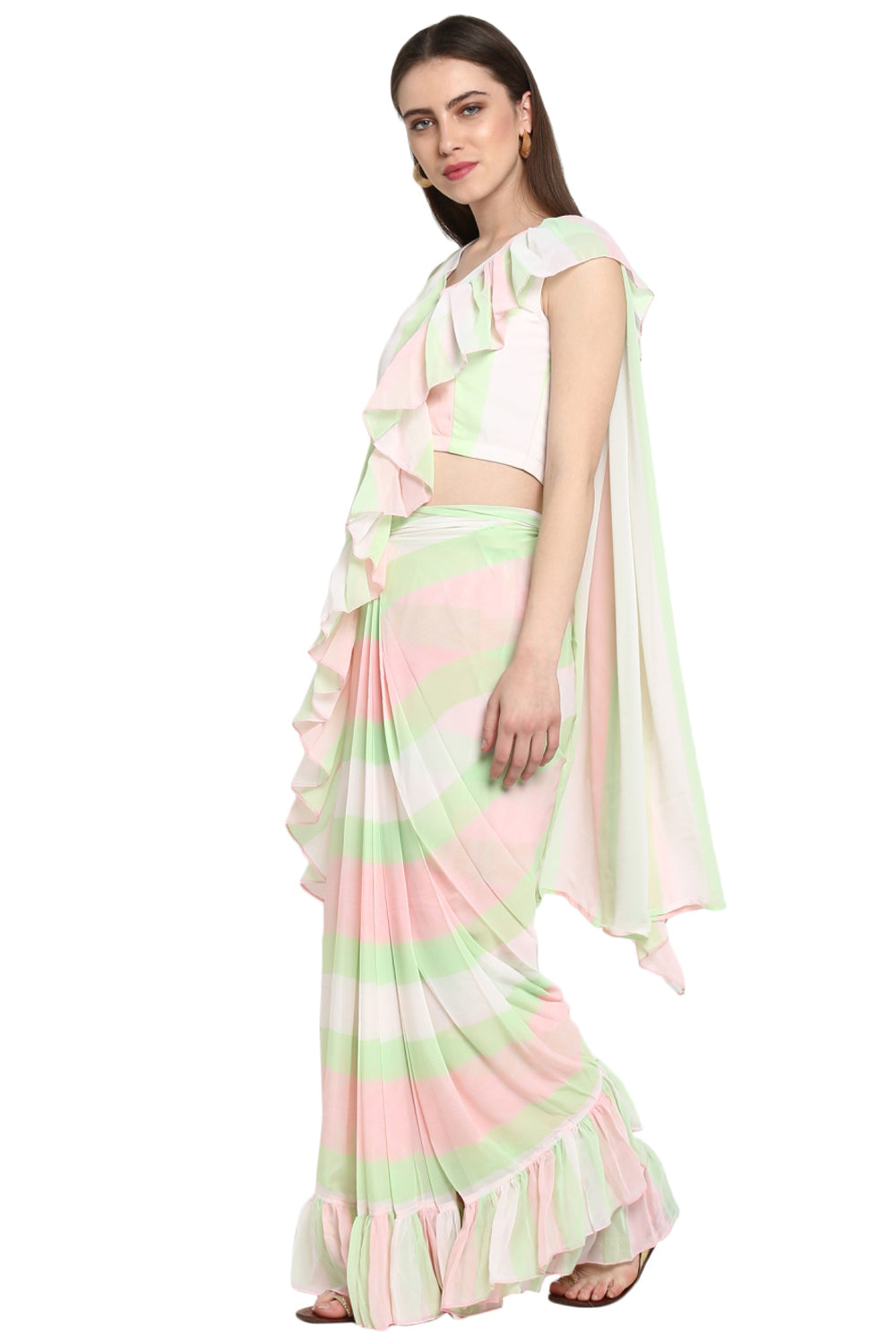 Faux Georgette Digital Print Saree In Pink And Green