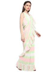 Faux Georgette Digital Print Saree In Pink And Green