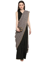 Faux Georgette Foil Print Saree In Grey And Black