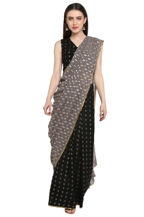 Faux Georgette Foil Print Saree In Grey And Black