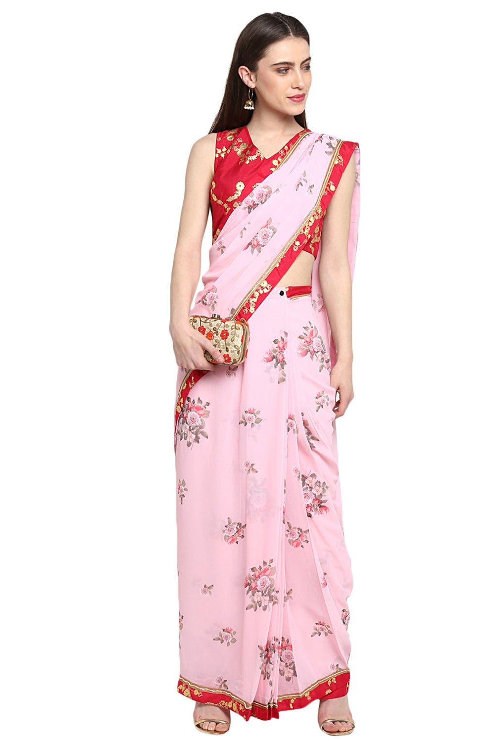 Faux Georgette Digital Print Saree In Light Pink