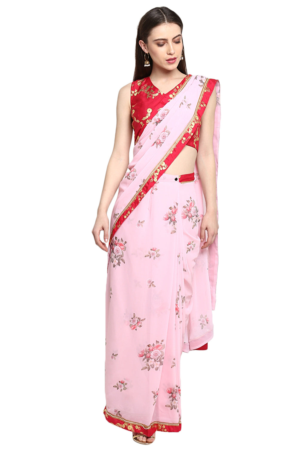 Faux Georgette Digital Print Saree In Light Pink