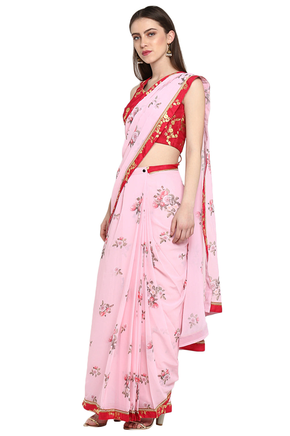 Faux Georgette Digital Print Saree In Light Pink